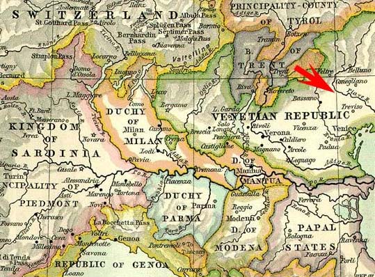 Northern Italy map of 1796 showing position of Nervesa